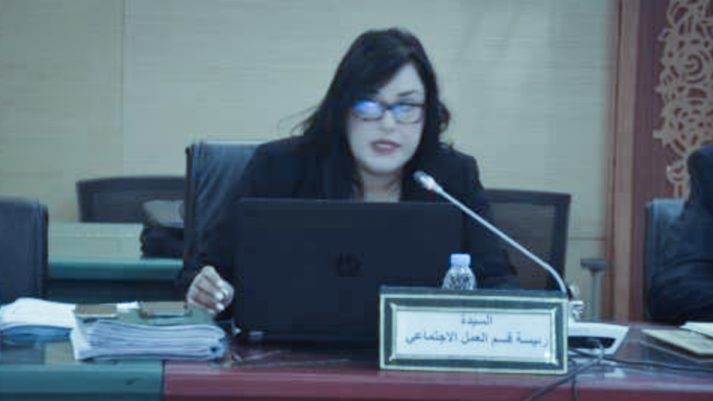إستعرضت رئيسة قسم العمل الاجتماعي بإقليم القنيطرة ابتسام العيادي محورين في عرضها ويتعلق